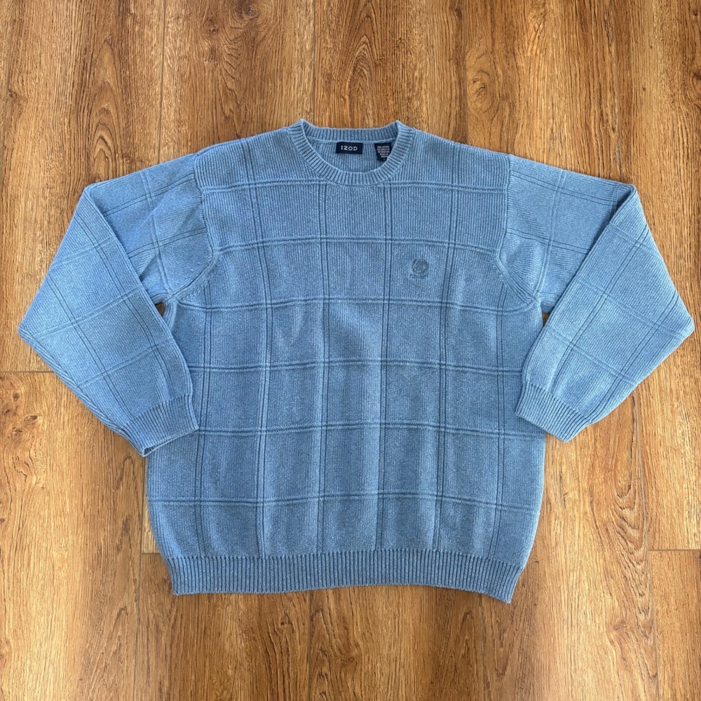 IZOD Blue 100% Cotton Windowpane Grid Crewneck Knit Sweater Men L Preppy Capsule
